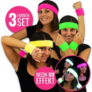 Neon UV Schweißbänder – 3 Farben Set