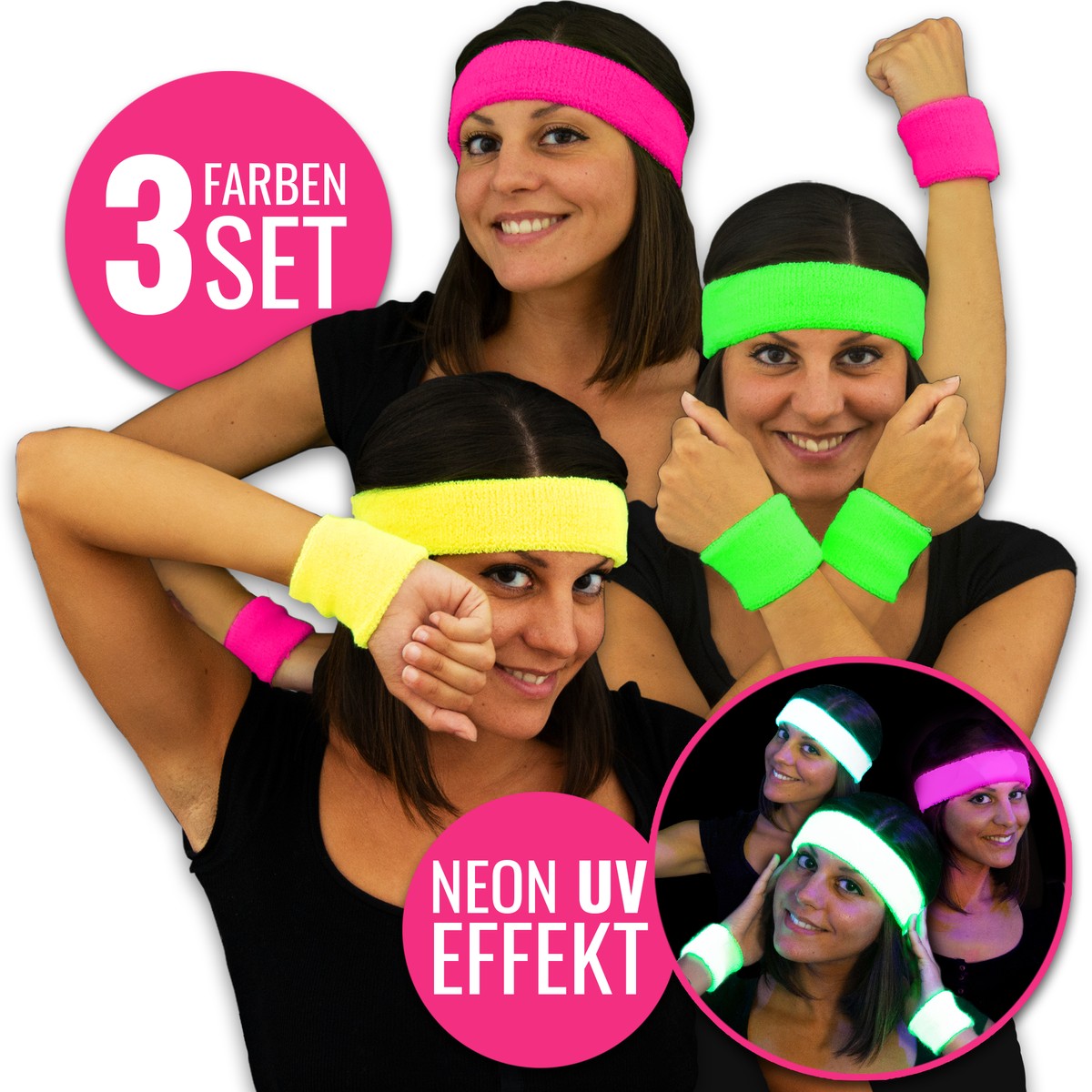 Neon UV Schweißbänder – 3 Farben Set