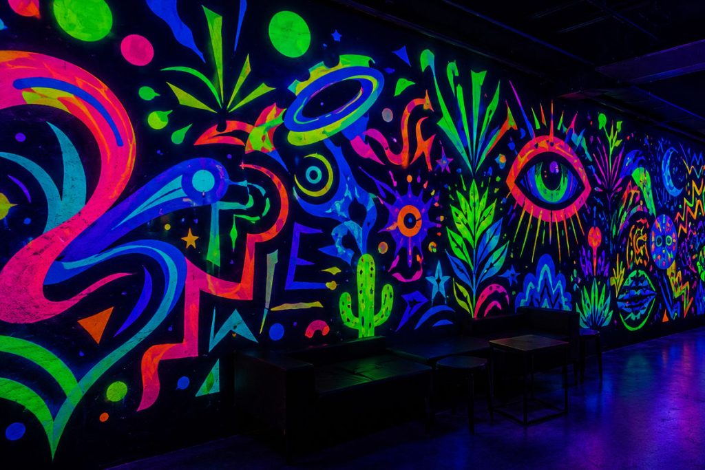 Fluoreszierende Wandgestaltung in einer Eventlocation