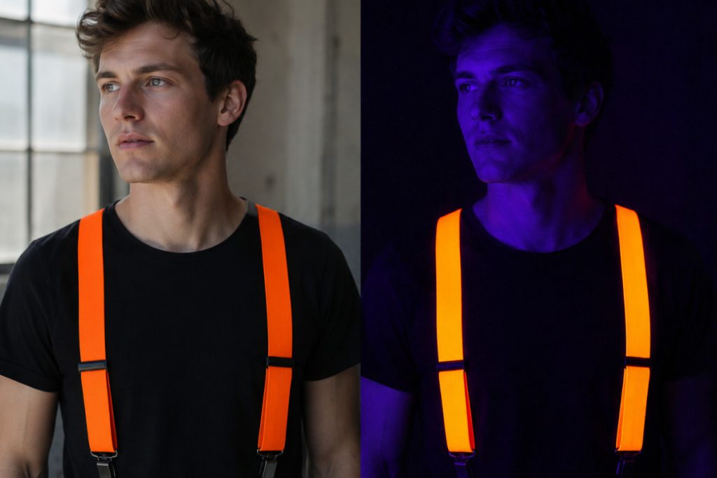 Neon-Accessoire bei Tageslicht und im Schwarzlicht